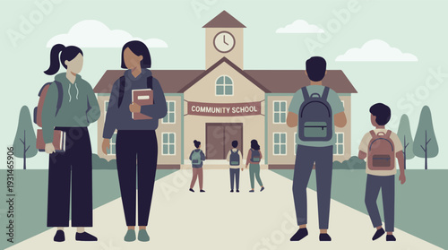 Diverse group of students with backpacks in front of community school