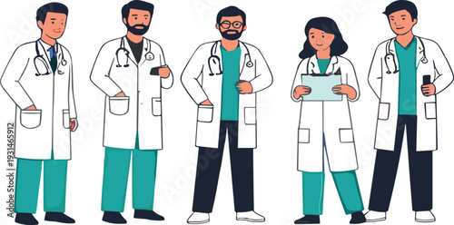 Diverse medical doctors team vector illustration with male and female healthcare professionals isolated on light background