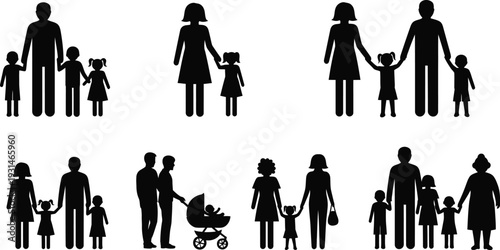 Diverse family silhouettes with parents and children in various poses silhouette