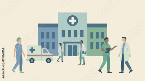 Illustration of healthcare staff and ambulance at a hospital.