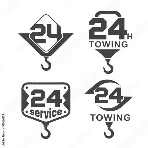 Four black and white towing service with hooks and 24 hour text