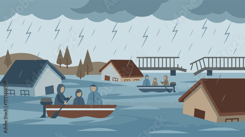 Heavy rain and severe flood submerging houses and affecting people in boats