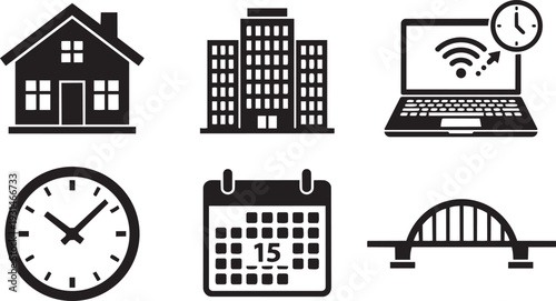 Hybrid Work Model, Remote and Office Flexibility and Balanced Schedule Flat Geometric Icon Set Vector Illustration