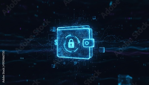 A futuristic digital wallet with a padlock and camera appears on a dark background with code-like lines and dots.