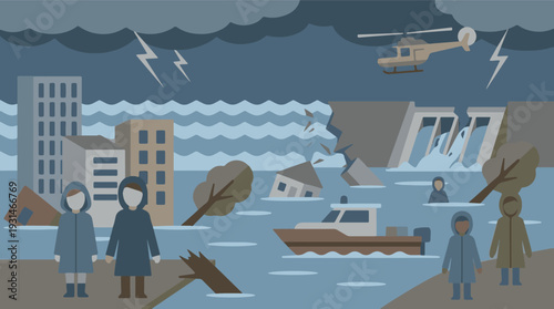 Severe flood disaster with submerged buildings, broken dam, and rescue efforts