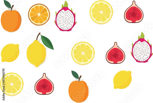 Fresh Citrus and Tropical Fruit Set with Lemon Orange Fig Dragon Fruit and Peach Flat Vector Illustration