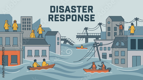 Flood disaster response: Rescue teams evacuate people from submerged city