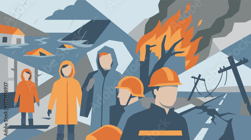 Abstract illustration of natural disaster relief and emergency response