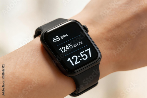 A person is wearing a black smartwatch displaying heart rate, step count, and time on their wrist.