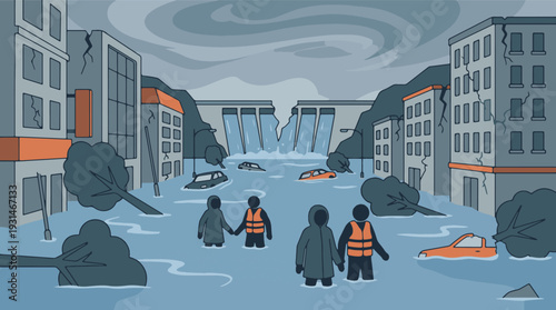 Urban flood disaster from broken dam, submerged buildings and people