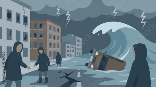 Urban natural disaster with tsunami, storm, damaged buildings, and evacuees
