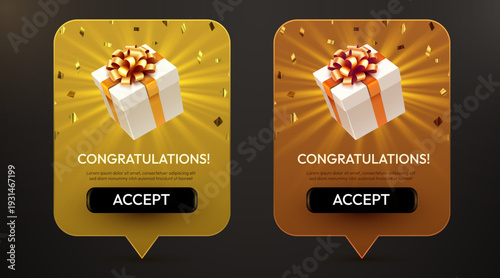 Congratulations notification with gift box and confetti. Ideal for success messages, game rewards, or special offers. Vector illustration