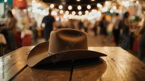 Cowboy Hat on Wooden Table at Night Market.