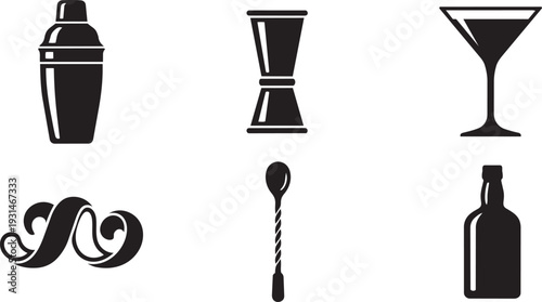 Mixology and Mocktail Barware, Craft Cocktail Preparation and Bartending Tools Silhouette Icon Set Vector Illustration