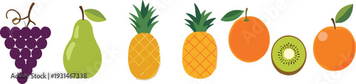 Fresh Tropical and Organic Fruits Collection Including Grapes Pear Pineapple Orange Kiwi and Peach Flat Vector Illustration