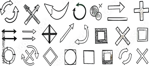 Hand drawn arrow and shape symbols collection vector illustration with sketch style icons isolated on light background