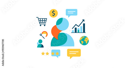 Customer Experience & Business Analytics Concept: User Journey, Digital Marketing, Sales, Global Growth, and Engagement Icons