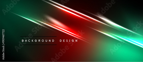Abstract background features vibrant green, red gradients. Diagonal lines create dynamic light effects, modern design aesthetic.