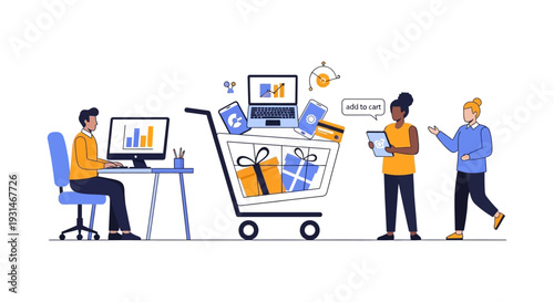 Online Shopping & E-commerce Concept: Digital Devices, Gifts in Cart, Customer Journey. Modern Retail and Sales Management Illustration.