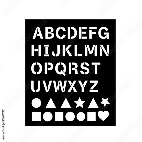 Alphabet stencil sheet showcasing uppercase letters and geometric shapes, isolated on a clean white background