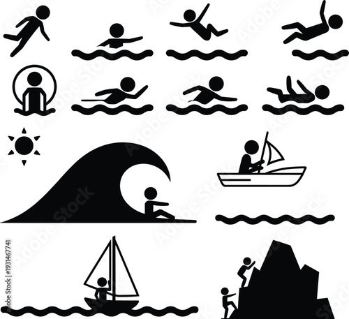 Black and white of people swimming, boating, and climbing with a large wave and sun symbol