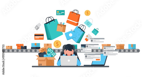 Online Shopping Overload: Stressed Woman Managing E-commerce Orders, Deliveries, and Digital Payments