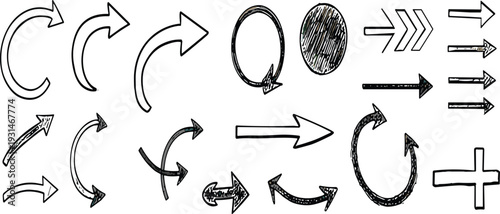 Hand drawn arrow collection sketch style vector illustration with curved and straight directional symbols isolated