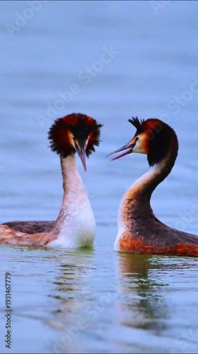 Great Crested Grebe Pair Performing Courtship Dance on Water, Pair of Water Birds Interacting in Lake, Concept of Wildlife Mating Ritual and Animal Behavior.