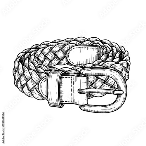 Detailed black and white illustration of a braided belt with intricate pattern, isolated on a white background
