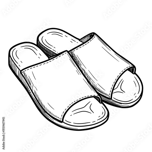 Illustration of open toe sandals in black and white sketch style, isolated against a white background