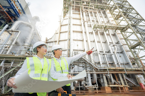 In large power plants, male and female engineers wearing safety equipment coordinate updating information from blueprints and monitoring complex industrial systems to produce energy for export.