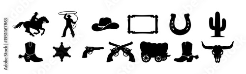 Wild West Cowboy Silhouette Icon Set – Western Frontier Symbols Collection