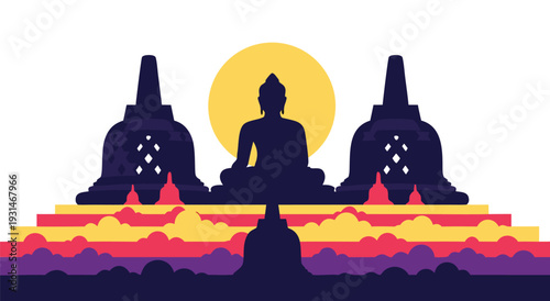 Vector illustration of Borobudur temple at sunrise, showcasing spiritual journey and ancient architecture, vibrant colors and serene atmosphere