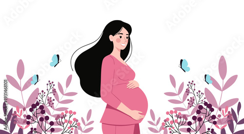 Pregnant woman in pink holding her belly, surrounded by flowers and butterflies, a beautiful vector illustration for pregnancy and maternity themes