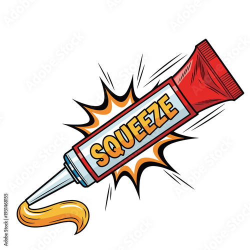 Illustration of a caulk tube with vibrant red cap and dynamic squeeze text, isolated on a white background, with yellow caulk flowing out