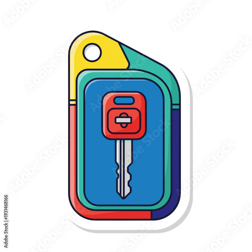 Colorful access fob with key illustration isolated on white background, featuring bold geometric shapes and vibrant colors