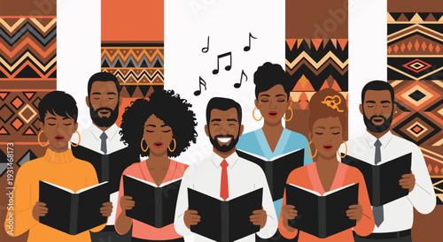 Group of Black people singing together in choir, illustration vector, celebrating African culture and heritage with music