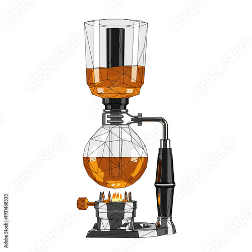 Modern siphon coffee pot with geometric design isolated on white background, featuring glass chambers and metal accents, showcasing elegant brewing method