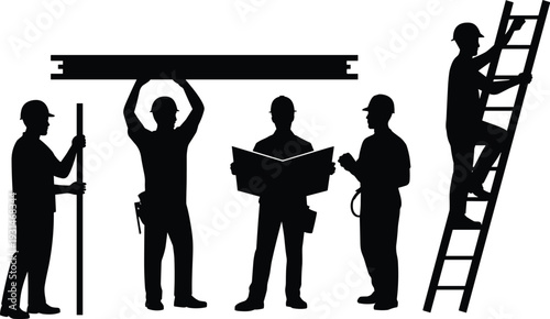Five construction workers in silhouette performing various tasks with tools and ladder