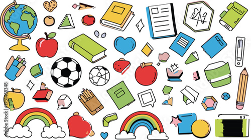 Hand Drawn School Supplies and Education Doodle Elements Set with Books Globe Apple Rainbow and Classroom Icons