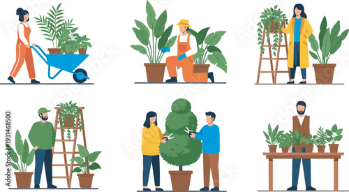 Gardeners caring for houseplants, pruning topiary, using wheelbarrows, and organizing nursery displays in a cad drawing flat vector illustration for hobbyists.