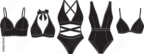 Black swimwear and lingerie silhouettes featuring bikini tops, one-piece swimsuits, and scalloped bralettes in a cad drawing flat vector illustration style.