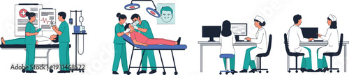 Hospital medical scenes vector illustration set with doctors nurses patients surgery treatment and healthcare consultation isolated