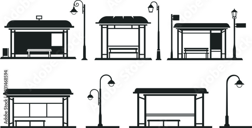 Set of bus stop silhouettes with street lamp icons public transport station shelter and urban city infrastructure elements for design