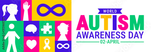 World Autism Awareness Day background, banner or poster design template. 02 April Banner Featuring Colorful Mosaic Tiles with Infinity Symbols, Jigsaw Puzzles, Brain Icons, and Human Silhouettes.