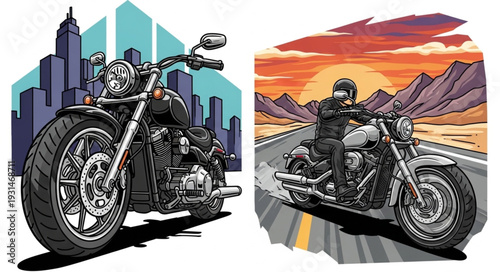 Motorcycle Illustration Cityscape and Desert Sunset Scene.
