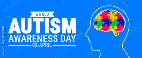 World Autism Awareness Day 02 April Banner Featuring a Human Profile with a Colorful Jigsaw Puzzle Brain Graphic on a Blue Background for Healthcare Campaigns and Social Support Advocacy.