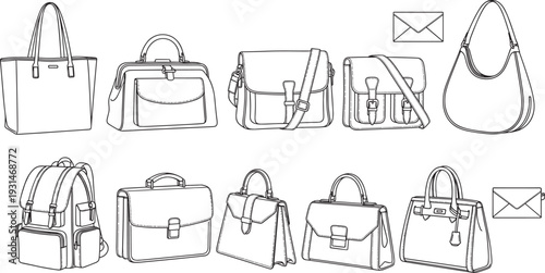 Set of Fashion Handbags and Luggage Icons, Vector Illustration of Professional Briefcases, Backpacks, Tote Bags, Purses, and Stylish Leather Accessories