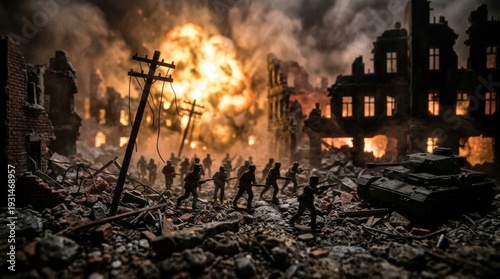 Cinematic diorama of miniature soldiers and tank advancing through a destroyed city during a massive explosion, representing a World War II battle scene at night.