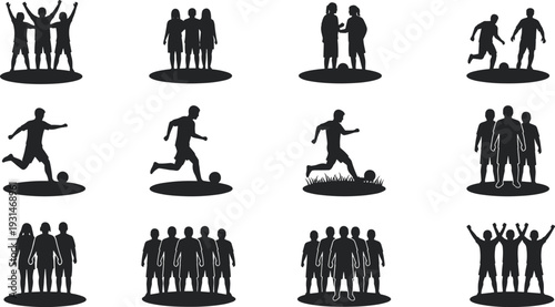Set of soccer player silhouettes with football team standing, running with ball, celebrating goal, and group of athletes in competition